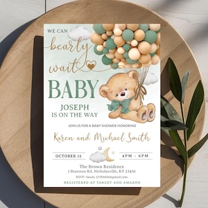 Sage Green Bear Baby Shower Invitation, Editable We Can Bearly Wait Boy Invite, Boho Green Balloon Woodland Gender Neutral Template