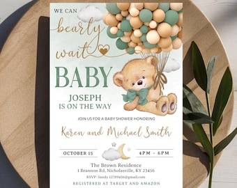Sage Green Bear Baby Shower Invitation, Editable We Can Bearly Wait Boy Invite, Boho Green Balloon Woodland Gender Neutral Template