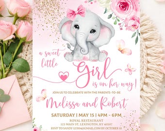 Editable Girl Elephant Baby Shower Invitation, Hot Rose Pink Floral Sweet Little One Invite Template, Printable Blush Gold Glitter Decor