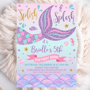 Editable Mermaid 5th Birthday Invitation, Under The Sea Party Invite Template, Girls Splish Splash Printable Card, Pastel Glitter Decor