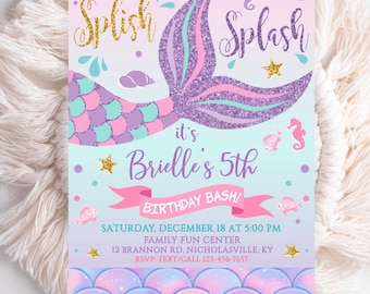 Editable Mermaid 5th Birthday Invitation, Under The Sea Party Invite Template, Girls Splish Splash Printable Card, Pastel Glitter Decor