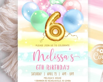 Girl 6th Birthday Invitation, Pink and Gold Sixth Birthday Invitation, 6th Birthday , Pink Invitation, Gold Invitation Rainbow Pink Balloons