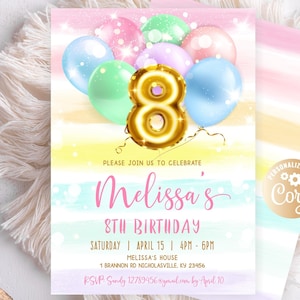 Girl 8th Birthday Invitation, Pink and Gold Eighth Birthday Invitation, 8th Birthday , Pink Invitation, Gold Invitation,  Rainbow Balloons