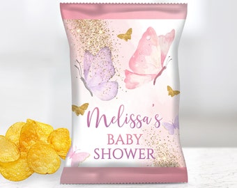 Editable Butterfly Chip Bags, Gold for girl, Pink Butterfly Baby Shower Chip Bag, Editable Butterfly Baby Shower Chip Bags,  Chip Bag Label