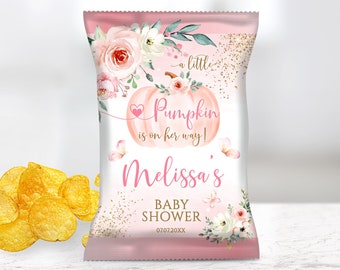 Editable Pumpkin Chip Bags A Little Pumpkin Chip Bag Gold Glitter Pink Roses for girl Pumpkin Baby Shower Chip Bag Watercolor Chip Bag Label
