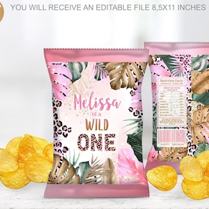 Bearbeitbare Mädchen Leopard Geburtstag Chip Taschen, Safari Gold für Mädchen, Rosa Safari Geburtstag Chip Tasche, Bearbeitbare Leopard Geburtstag Chip Taschen Geburtstag