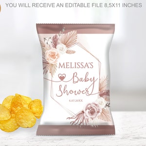 May include: A printable baby shower favor bag template featuring a blush pink and gold design with a floral motif and the text "MELISSA'S Baby Shower 6.07.20XX".