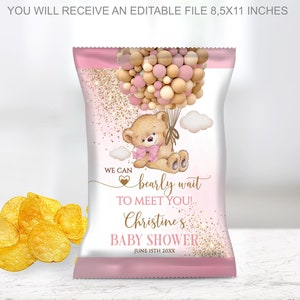 Bearbeitbare Bärenchipbeutel, Rosa Bär-Babyparty-Chiptasche, Goldmädchen, bearbeitbarer rosa Bär mit Luftballons-Babyparty-Chipbeuteln, Chip-Beuteletikett