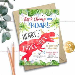 Dinosaur Birthday Invitation boy, Red blue, Dinosaur Three-Rex Party Red, Dino Party Red, Three Rex Birthday Party, Girl Dino T-Rex