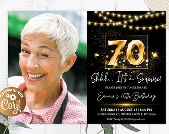 Surprise 70th Birthday Invitation with photo, Shhh It's a Surprise 75th Birthday Invitation with picture, Gold & Dark Birthday Invitation