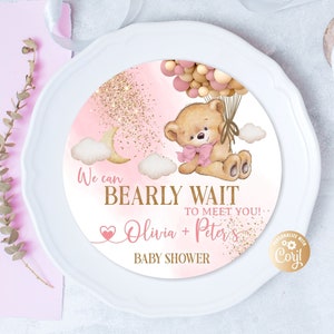 Urso editável Rosa Placa de Carregador Inserir Menina Urso Recepção Jantar Carregador Placa Inserir Urso com Balões Podemos Bearly Esperar Placa de Carregador