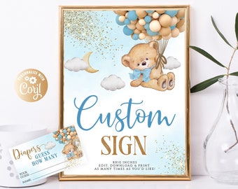 Editable Bear Blue Gold Custom Sign, Bear Blue Gold Birthday Decor, Bear Diaper Cake Game, Bear Custom Text Sign Bear Guess How Many Diapers