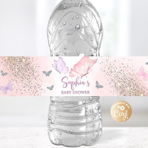 Editable Butterfly Silver  Bottle Label Baby Shower, Butterfly Baby Shower Water Bottle Labels Silver, Butterfly Decor Water Bottle Labels