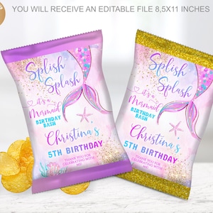 Editierbare Meerjungfrau-Geburtstags-Chip-Beutel, Gold für Mädchen, rosa Meerjungfrau-Geburtstags-Chip-Beutel, bearbeitbare Meerjungfrau-Geburtstags-Chip-Beutel-Chip-Beuteletikett