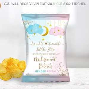 Bearbeitbares Geschlecht offenbaren Twinkle Twinkle Little Star Chip Tasche Babyparty, Chip Taschenverpackungsetiketten Er oder Sie? Junge oder Mädchen Wolken Sterne Gold