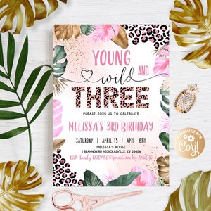 Young Wild And Three Birthday Invitation for Girl, Editable Leopard Gold Safari Jungle 3rd Birthday invitations, Girl Wild Three Birthday