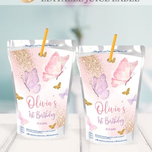 EDITABLE Butterfly Juice Labels Birthday, Butterfly Water Juice Cup, Pink Gold Butterfly Juice Pouch Labels,  Juice Label Baby Shower