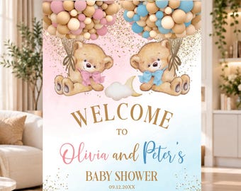 Välkomstskylt för tvillingar, babyshower, rosa blå björnar, affisch, flicka, pojke, tvillingbebisar