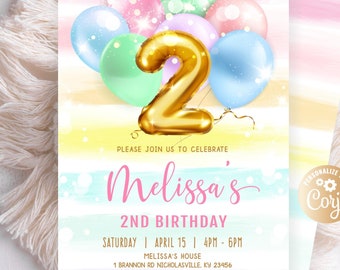 Girl 2nd Birthday Invitation, Pink and Gold Second Birthday Invitation, Rainbow Girl Pink Balloons 2nd Birthday Party Modern Rainbow Glitter