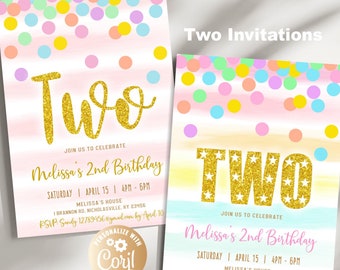 Girl 2nd Birthday Invitation, Pink and Gold Second Birthday Invitation, Rainbow Girl Pink 2nd Two Birthday Party Modern Rainbow Glitter