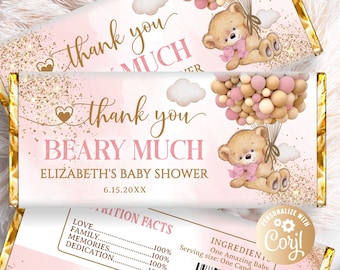 Editable Bear Pink Girl Chocolate Wrapper Beary Much, Bear with Balloons, Bear Birthday Candy Bar Wrapper Chocolate Bar Wrappers Baby Shower