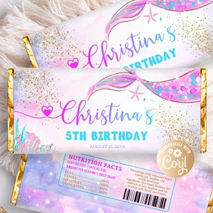 Editable Mermaid Birthday Chocolate Wrapper Purple Gold, Printable Birthday Mermaid Candy Bar Wrapper Pink Chocolate Bar Wrappers Mermaid
