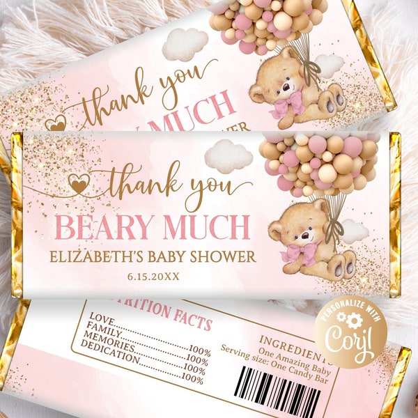 Emballage de chocolat de fille rose d’ours modifiable Beary Much, ours avec des ballons, emballage de barre de chocolat d’anniversaire d’ours emballages de barre de chocolat Baby Shower