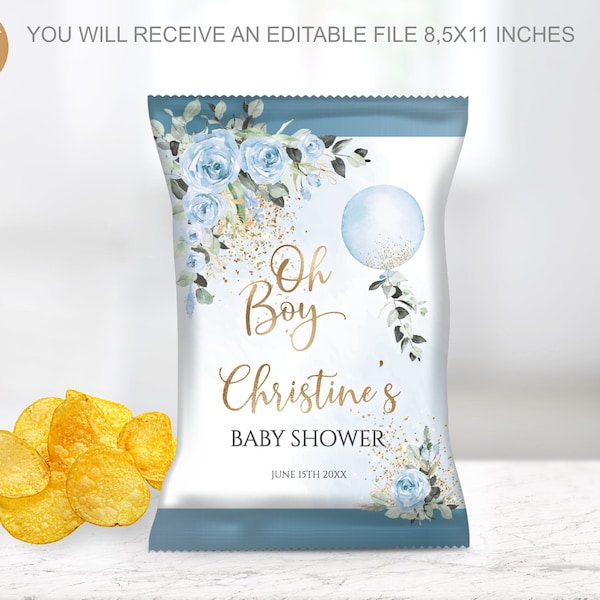 Editable Oh Boy Chip Bags, Blue Roses Balloon Baby Shower Chip Bag, Gold Boy, Editable Gold with Balloon Chip Bags Watercolor Chip Bag Label
