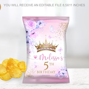 Bearbeitbare Prinzessin Geburtstag Chip Taschen, Royal Chip Bag Gold Glitter Pink Roses für Mädchen Сrown Geburtstag Chip Tasche Aquarell Schloss Chip Tasche