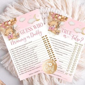 Bär Rosa Ratet mal, wer Mama oder Papa Baby Shower Spiel druckbare Bär Mädchen wahr oder falsch? Baby Shower Spiele Party Lösungen enthalten