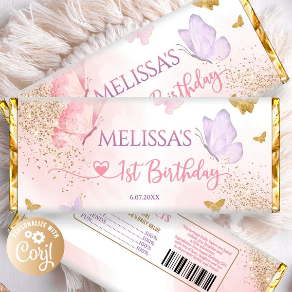 Editable Butterfly Birthday Chocolate Wrapper, Printable Butterfly Candy Bar Wrapper, Pink Gold Chocolate Bar Wrappers Birthday Butterfly