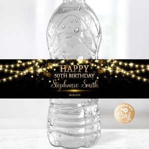 Editable 50th Birthday Water Bottle Labels Gold Glitter Black, Any Age Birthday Party Water Bottle Labels Birthday Adult Decor for Her