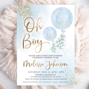Editable Oh Boy Baby Shower Invitation, Blue Balloon Theme, Watercolor Gold Glitter Template, Printable Invitation Mobile