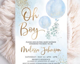 Editable Oh Boy Baby Shower Invitation, Blue Balloon Theme, Watercolor Gold Glitter Template, Printable Invitation Mobile