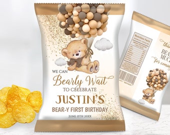 Editable Bear Chip Bags Birthday Party Favor, Brown Gold Boy Balloons Potato Crisp Wrapper Template, Custom Printable Snack Pack Label