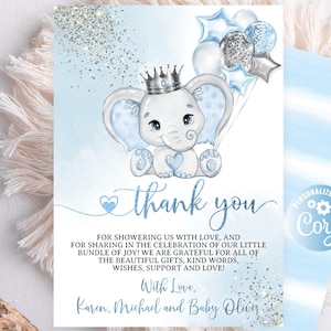Carte de remerciement bleu modifiable éléphant garçon, carte de remerciement baby shower bébé éléphant garçon aquarelle paillettes argentées couronne argentée ballon bleu