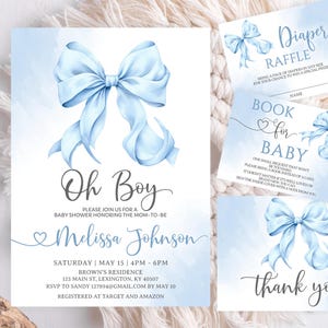 Editable Oh Boy Baby Shower Set Invitation, Bow Blue Watercolor Baby Shower Set Blue Coquette Bow Blue Ribbon Printable & Mobile Digital