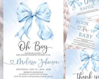 Editable Oh Boy Baby Shower Set Invitation, Bow Blue Watercolor Baby Shower Set Blue Coquette Bow Blue Ribbon Printable & Mobile Digital