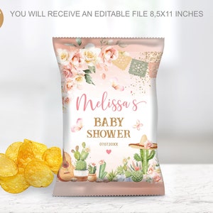 Editable Girl Fiesta Chip Bags,  Fiesta Pink Cactus Girl Baby Shower Chip Bag, Fiesta Girl Senorita Cactus Rose Chip Bags Label Mexican