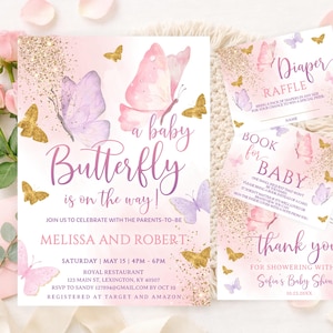 Editable Butterfly Baby Shower Invitation Template Purple Gold Girl Birthday Electronic Party Printable Set (Diaper Raffle, Thank You Card)