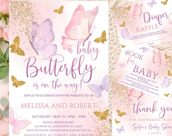 Editable Butterfly Baby Shower Invitation Template Purple Gold Girl Birthday Electronic Party Printable Set (Diaper Raffle, Thank You Card)