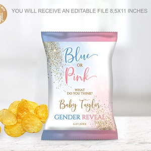 Bearbeitbares Geschlecht offenbaren Chip-Beutel Babyparty, Chip-Beutel-Wrapper-Etiketten Er oder sie?  Babyparty-Junge oder Mädchen, Pastellblau-Rosa-Smoke-Chip-Taschen