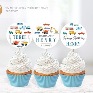 Editable Transportation Cupcake Topper Birthday Circle , Birthday Car Themed Cake Toppers, Cupcake Transport Party Decoration