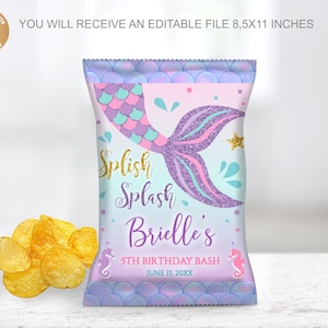 Editierbare Meerjungfrau-Geburtstags-Chip-Beutel, Gold für Mädchen, rosa Meerjungfrau-Geburtstags-Chip-Beutel, bearbeitbare Meerjungfrau-Geburtstags-Chip-Beutel-Chip-Beuteletikett
