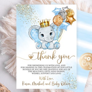Carte de remerciement bleu modifiable éléphant garçon, carte de remerciement baby shower bébé éléphant garçon aquarelle paillettes d'or couronne d'or bleu ballon