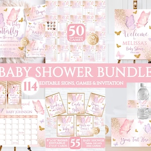Editable Butterfly Baby Shower Bundle, Baby Shower Bundle, Butterfly Baby Shower Invitation for Girl Set, Purple Butterfly Answers included
