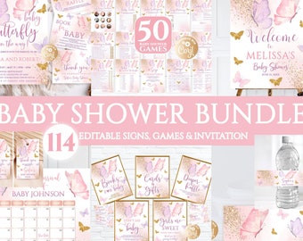 Editable Butterfly Baby Shower Bundle, Baby Shower Bundle, Butterfly Baby Shower Invitation for Girl Set, Purple Butterfly Answers included
