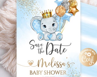 Editable Elephant Boy Save the Date Card Gold Crown Glitter Blue Baby Elephant Save the Date Watercolor Gold Crown Gold Blue Balloon Glitter
