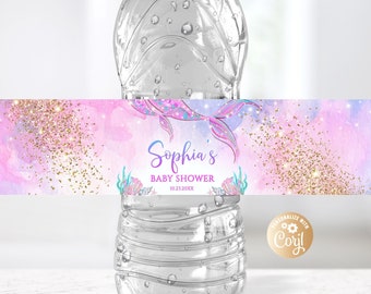 Editable Mermaid Bottle Label Baby Shower Purple, Mermaid Baby Shower Water Bottle Labels, Mermaid Decor Water Bottle Labels Watercolor Gold