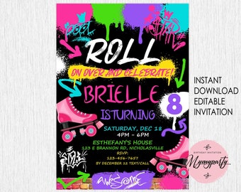 Roller Skating Invitation, Skating party , Roller Skate party ,let's roll  Skating Party, Neon Skate Party Invitation Roller Skate Birthday